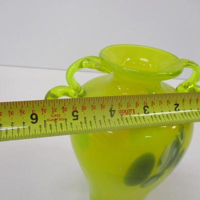 Vintage Italian Hand Blown Art Glass Neon Lime Yellow Double Handles Vase Approx 7" Tall