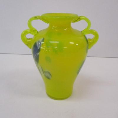 Vintage Italian Hand Blown Art Glass Neon Lime Yellow Double Handles Vase Approx 7" Tall
