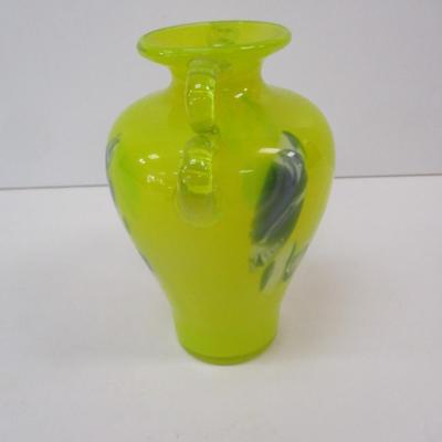 Vintage Italian Hand Blown Art Glass Neon Lime Yellow Double Handles Vase Approx 7" Tall