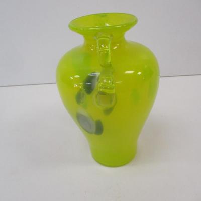 Vintage Italian Hand Blown Art Glass Neon Lime Yellow Double Handles Vase Approx 7" Tall
