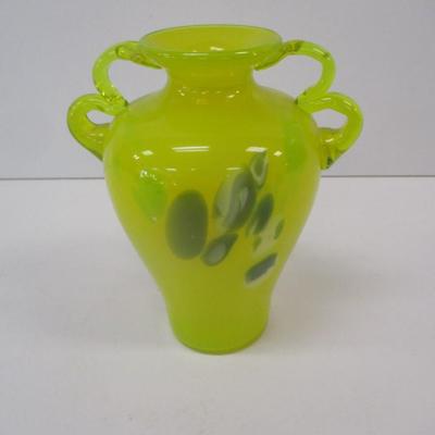 Vintage Italian Hand Blown Art Glass Neon Lime Yellow Double Handles Vase Approx 7" Tall
