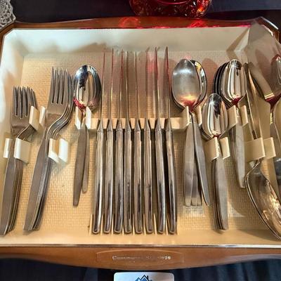 Vintage Stainless Silverware Set of 8 & Tray