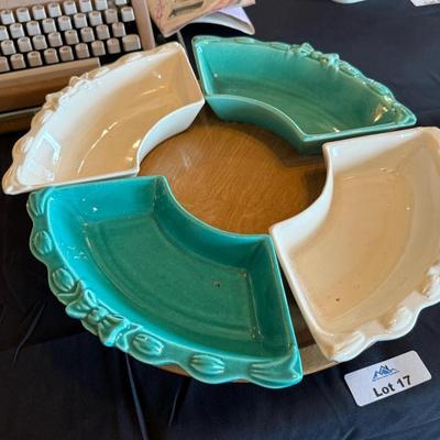 Vintage ceramic green & white dishes on lazy susan stand