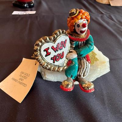 Ron Lee small clown sculpture “I Wuv You” on stone base - 24K gold plated/Hand painted