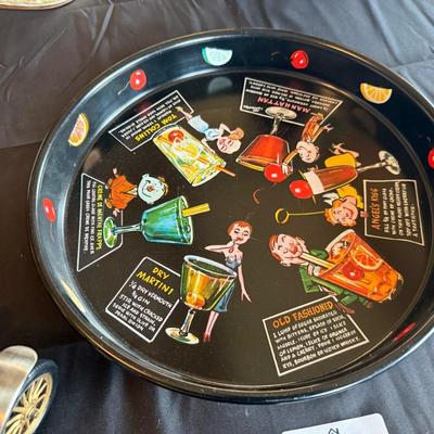 Vintage Ford Music Box Barware Car & Old Cocktail recipe metal Tray