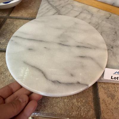 Large marble & small round marble cutting board & rolling pin on wood stand