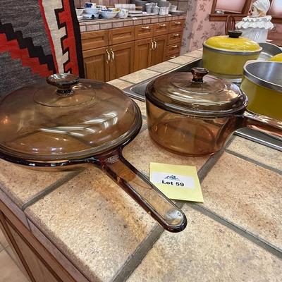 2 brown Vision Cookware - Skillet & sauce Pot w/lids