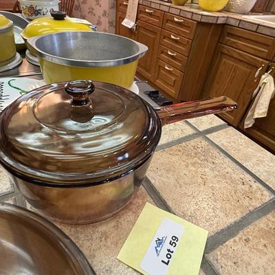 2 brown Vision Cookware - Skillet & sauce Pot w/lids