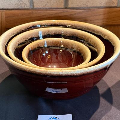 Vintage set of brown drip glazed stacking bowls x 3