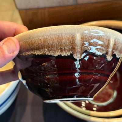 Vintage set of brown drip glazed stacking bowls x 3