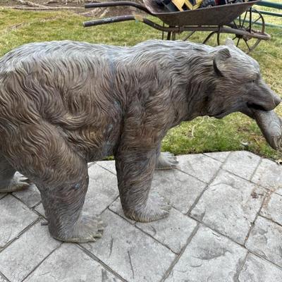 Bronze Grizzly Bear w/Salmon in Mouth outdoor statue