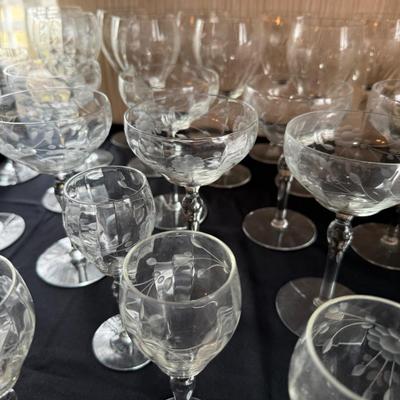Large Lot of Etched Glass / barware - champagne/wine/cordial