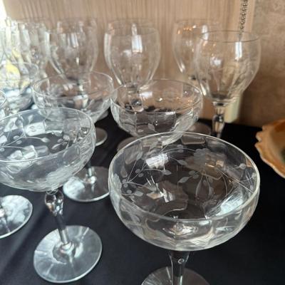 Large Lot of Etched Glass / barware - champagne/wine/cordial