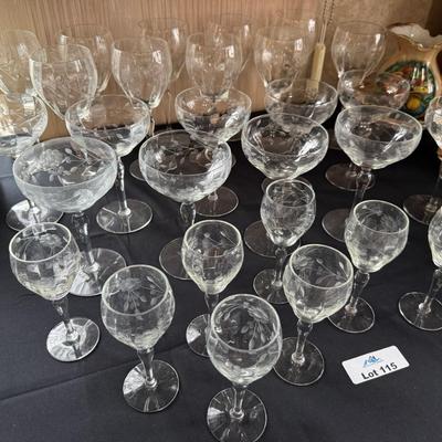 Large Lot of Etched Glass / barware - champagne/wine/cordial