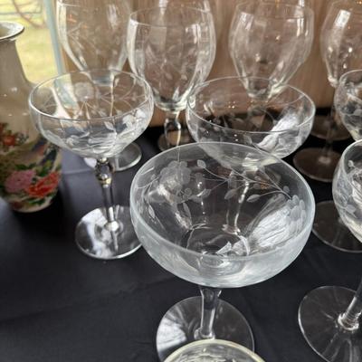 Large Lot of Etched Glass / barware - champagne/wine/cordial
