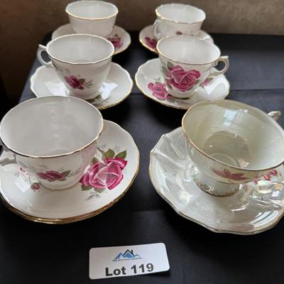 Set of 6 Ceramic Tea Cups & Saucers - 5 match/1 doesn’t