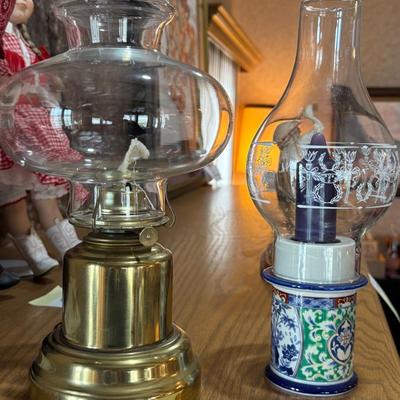 Brass Oil Lamp & ceramic candle w/globe