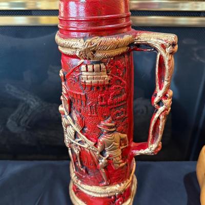 Tall Red & Gold ceramic Mexico made handled Stein