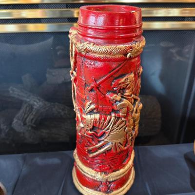 Tall Red & Gold ceramic Mexico made handled Stein