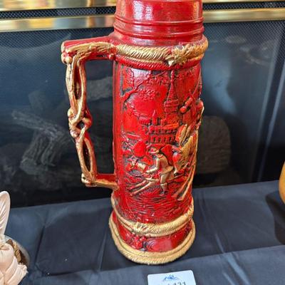 Tall Red & Gold ceramic Mexico made handled Stein