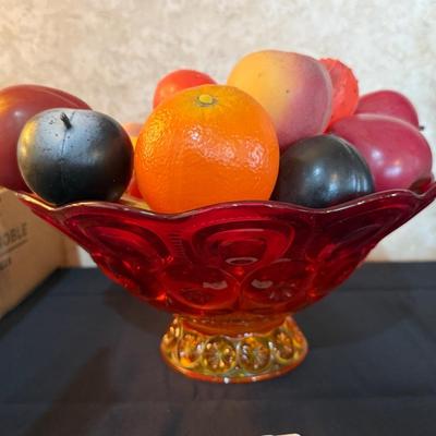 Red Glass vintage Fruit Bowl w/Plastic Fruit