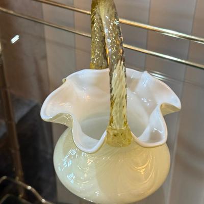 Vintage handmade glass yellow handled basket
