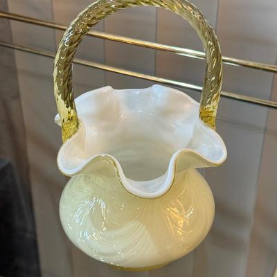Vintage handmade glass yellow handled basket