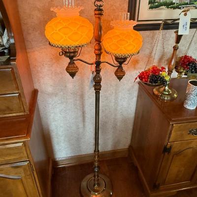 Vintage Brass & Wood 2 bulb floor lamp