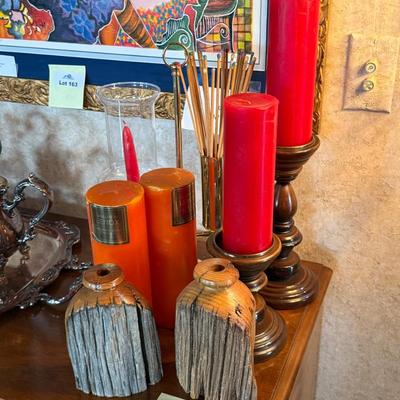 Let of various decor items - 2 sets of candles, wood pcs