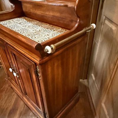 Wood tile top sideboard cabinet w/brass rails - Vintage