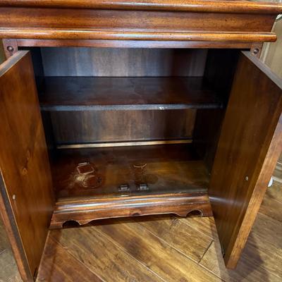 Wood tile top sideboard cabinet w/brass rails - Vintage