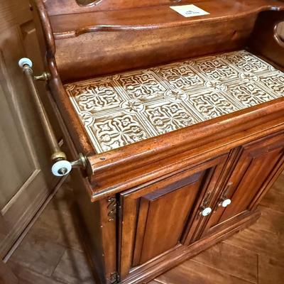 Wood tile top sideboard cabinet w/brass rails - Vintage