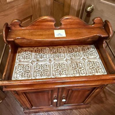 Wood tile top sideboard cabinet w/brass rails - Vintage