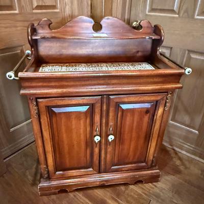 Wood tile top sideboard cabinet w/brass rails - Vintage