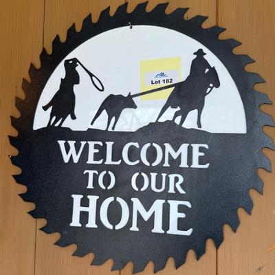 Welcome to Our Home black & white Sawblade sign