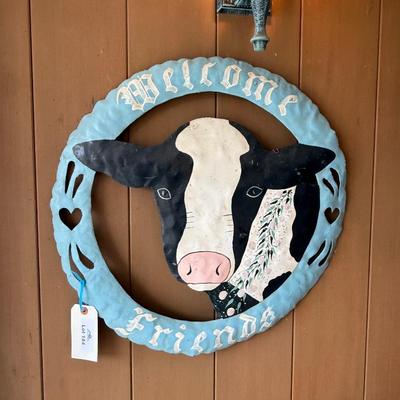 Welcome Friends metal round Cow themed sign