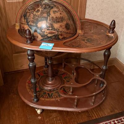 Vintage Globe themed lift top rolling Bar Cart