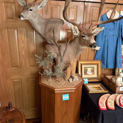 Pair of Deer head mounts on Octagonal rolling stand