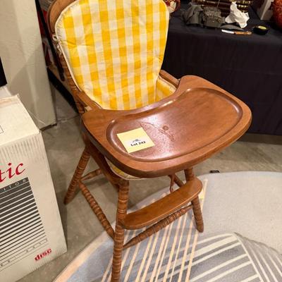 Vintage Wooden High Chair w/yellow padded seat cushion
