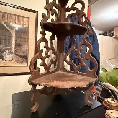 Wood 3 shelf corner display - about 2’ tall