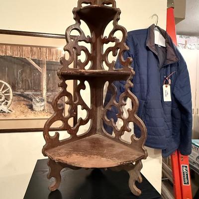 Wood 3 shelf corner display - about 2’ tall