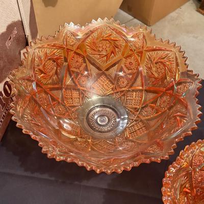 Vintage orange iridescent punch bowl set w/12 cups