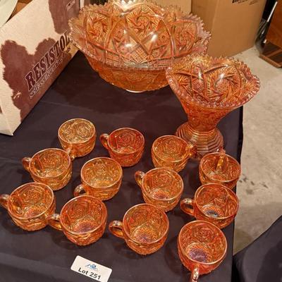 Vintage orange iridescent punch bowl set w/12 cups