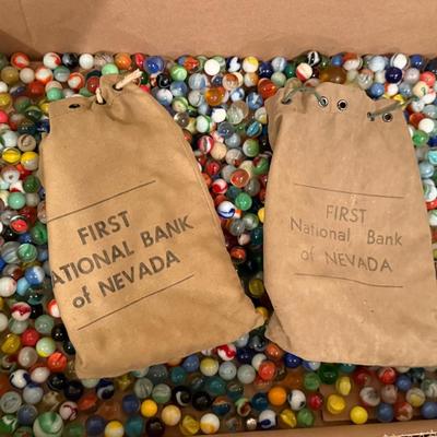 Box of Vintage Marbles & Boulders + (2) Old 1st National Bank coin bags