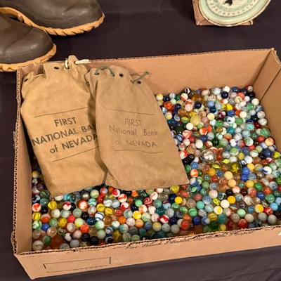 Box of Vintage Marbles & Boulders + (2) Old 1st National Bank coin bags