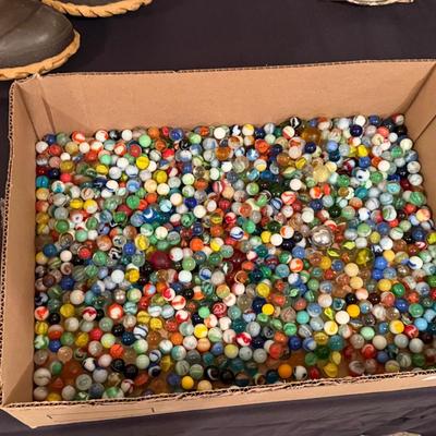 Box of Vintage Marbles & Boulders + (2) Old 1st National Bank coin bags