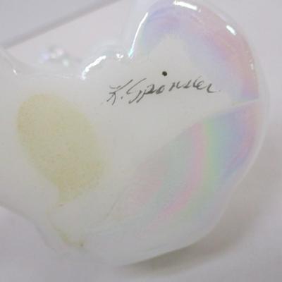 Signed Fenton White Iridescent Opalescent Hand Painted Cat Figure Red Birthstone Collar & Blue Eyes