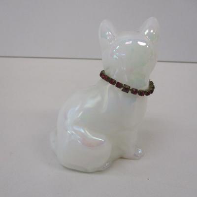 Signed Fenton White Iridescent Opalescent Hand Painted Cat Figure Red Birthstone Collar & Blue Eyes