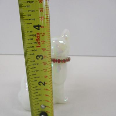 Fenton White Iridescent Opalescent Hand Painted Cat Figure Red Birthstone Collar & Green Eyes