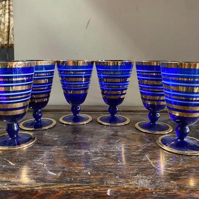 Vintage cobalt and gold cordial glasses